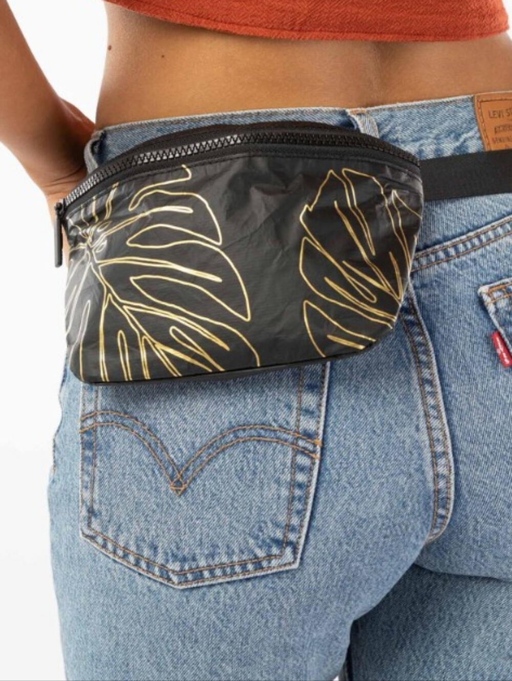 Aloha Collection Lanai Mini Hip Pack Black and Gold Leaf Print Waist Bag NWOT